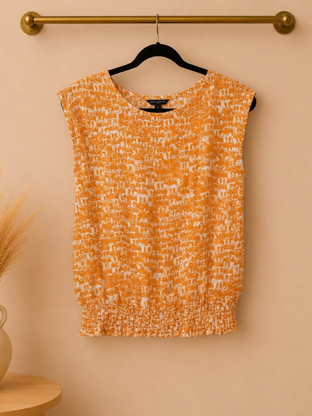 Banana Republic Orange and White Sleeveless Smocked-Hem Top